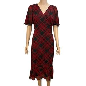 Lauren Ralph Lauren Plaid Georgette Midi Dress 2 Surplice Neck Flutter Sleeve